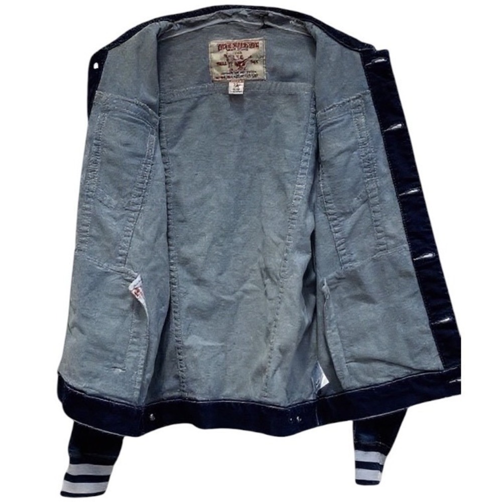 True Religion Denim Trucker Jacket Men's XL Dark Wash Button Front Striped Cuffs - Picture 4 of 9